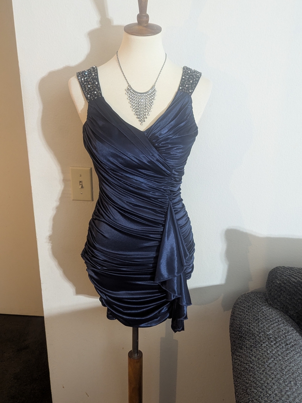 Y2K City Triangles Navy Blue Satin Ruched Dress Rhinestone Cocktail Mini Small